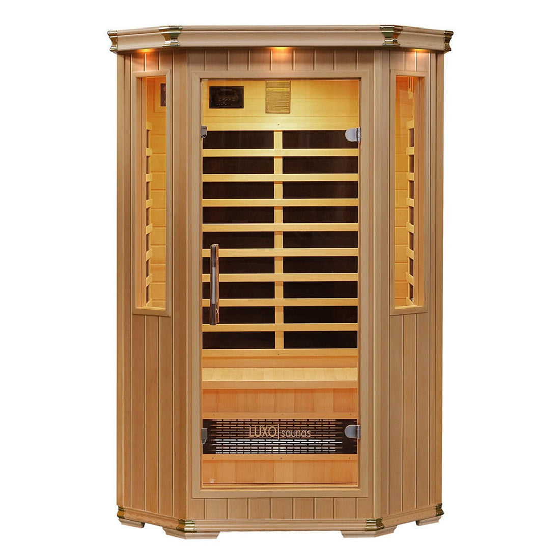 Tukeva 2 Person Carbon Fibre Infrared Sauna – Hemlock: Close-up of the sauna's wooden structure with a modern glass door, showcasing its spacious interior, chromotherapy lights, and sleek design for home wellness.