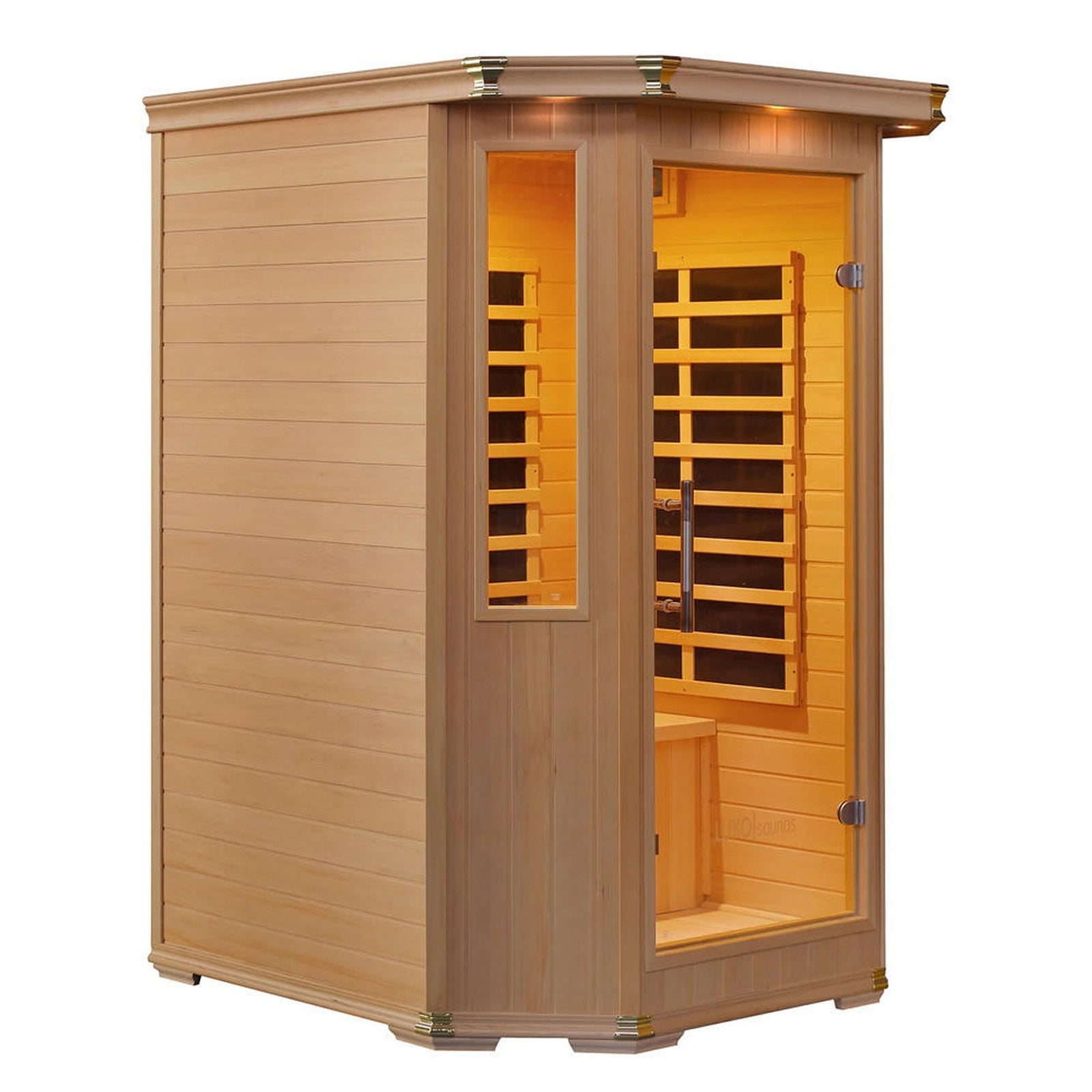 Tukeva 2 Person Carbon Fibre Infrared Sauna – Hemlock, showcasing a close-up of the tempered glass door and wooden structure, highlighting its sturdy design and spacious interior for home wellness sessions.