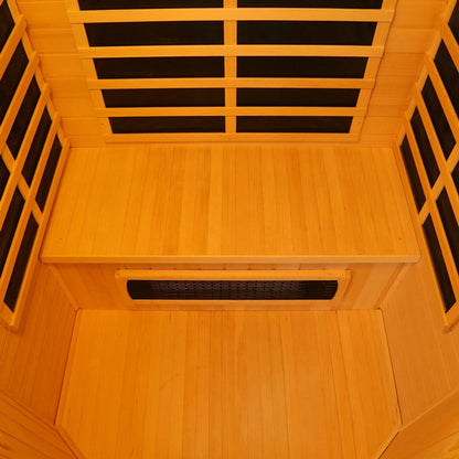 Tukeva 2 Person Carbon Fibre Infrared Sauna – Hemlock features close-up views of its sleek wood surface, vent, and window, highlighting its modern design and craftsmanship for home wellness.