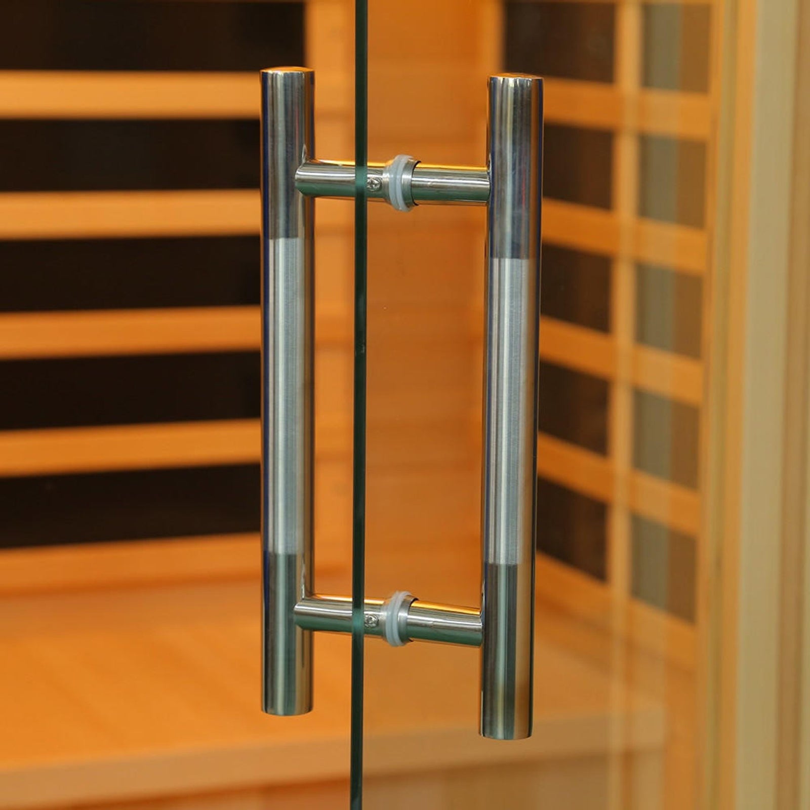 Close-up of the Tukeva 2 Person Carbon Fibre Infrared Sauna – Hemlock, showcasing its sleek metal pole construction, emphasizing durability and portability for home wellness and relaxation.