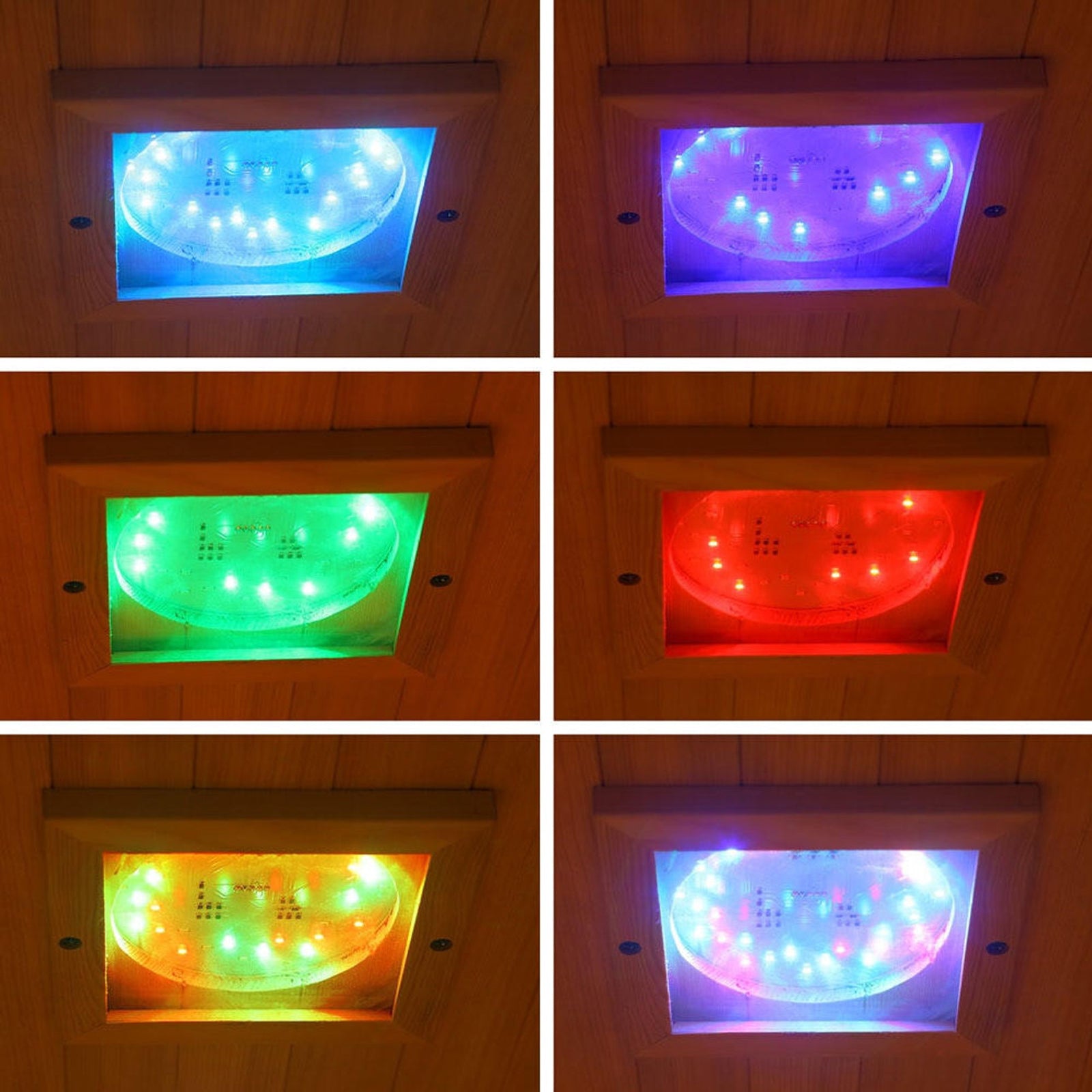 Tukeva 2 Person Carbon Fibre Infrared Sauna – Hemlock shown with close-up views of its vibrant chromotherapy lights, highlighting its modern design and wellness features for home use.