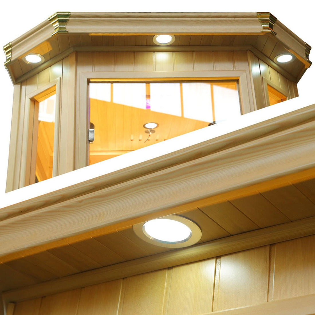 Tukeva 2 Person Carbon Fibre Infrared Sauna – Hemlock, showcasing a sleek, sturdy wooden cabin with tempered glass door, highlighting its compact design and robust Canadian Hemlock construction for home wellness.