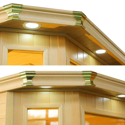 Tukeva 2 Person Carbon Fibre Infrared Sauna – Hemlock, featuring close-ups of its sturdy tempered glass door, elegant gold corner accents, and smooth wood flooring, designed for home wellness.