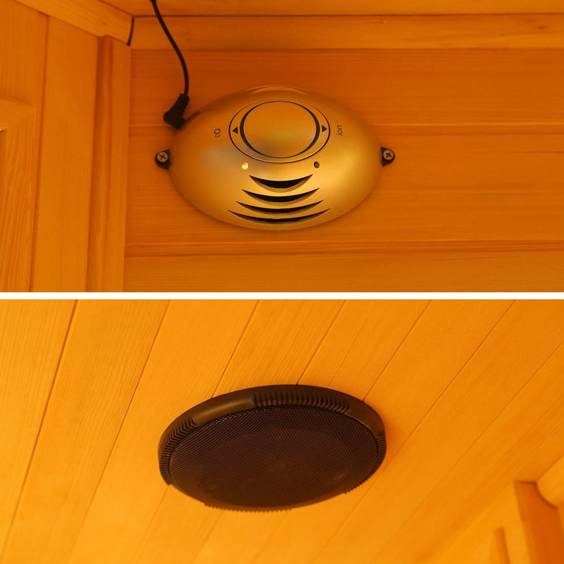 Tukeva 2 Person Carbon Fibre Infrared Sauna – Hemlock, featuring ceiling-mounted speaker, close-up of circular speaker design, emphasizing home relaxation with modern infrared technology and integrated audio system.