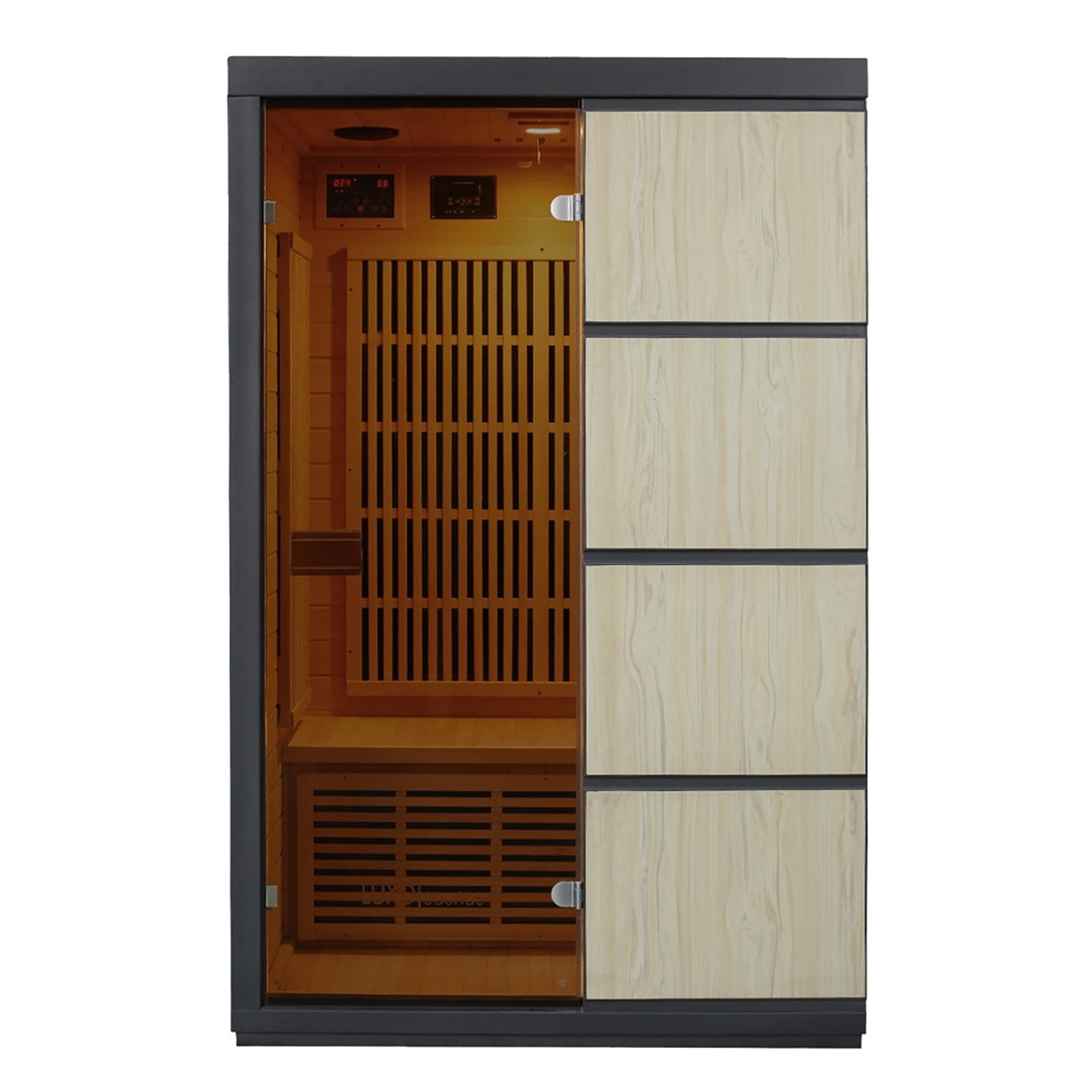 Tumma 2-Person Carbon Fibre Infrared Home Sauna featuring close-up views of a wood panel and vent, showcasing its Canadian hemlock construction and carbon fibre heating elements for an enhanced sauna experience.