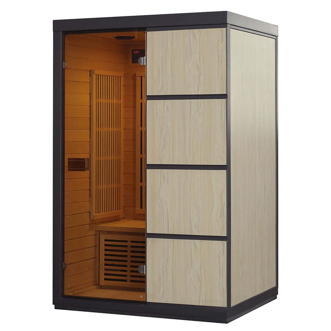 Close-up of the Tumma 2-Person Carbon Fibre Infrared Home Sauna, showcasing its Canadian hemlock wood construction, glass door, and sleek design, emphasizing its spacious interior and advanced infrared heating technology.
