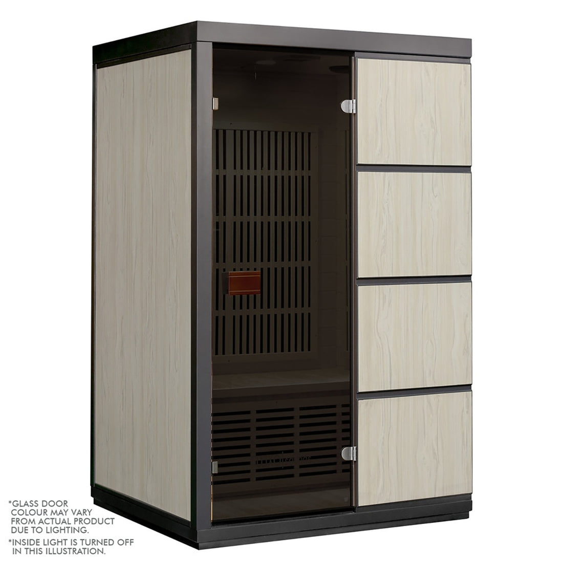 Close-up of the Tumma 2-Person Carbon Fibre Infrared Home Sauna showcasing its sleek Canadian hemlock construction, digital control panel, and vent for optimal air circulation.