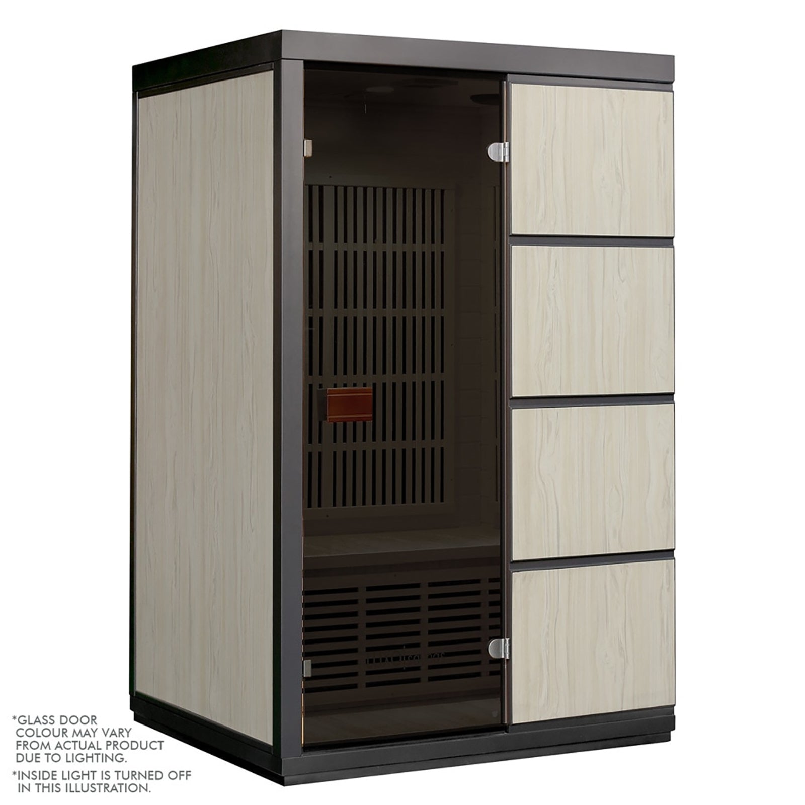 Close-up of the Tumma 2-Person Carbon Fibre Infrared Home Sauna showcasing its sleek Canadian hemlock construction, digital control panel, and vent for optimal air circulation.