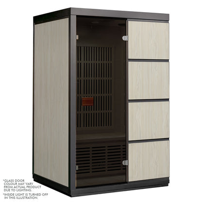 Close-up of the Tumma 2-Person Carbon Fibre Infrared Home Sauna showcasing its sleek Canadian hemlock construction, digital control panel, and vent for optimal air circulation.