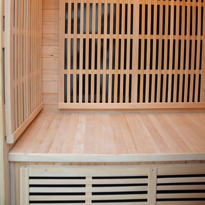 Tumma 2-Person Carbon Fibre Infrared Home Sauna featuring close-up views of smooth Canadian hemlock wooden slats, showcasing the craftsmanship and premium material used in its construction.