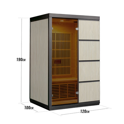 Tumma 2-Person Carbon Fibre Infrared Home Sauna featuring a close-up of Canadian hemlock wood panel and tempered glass door, emphasizing meticulous craftsmanship and modern design elements.