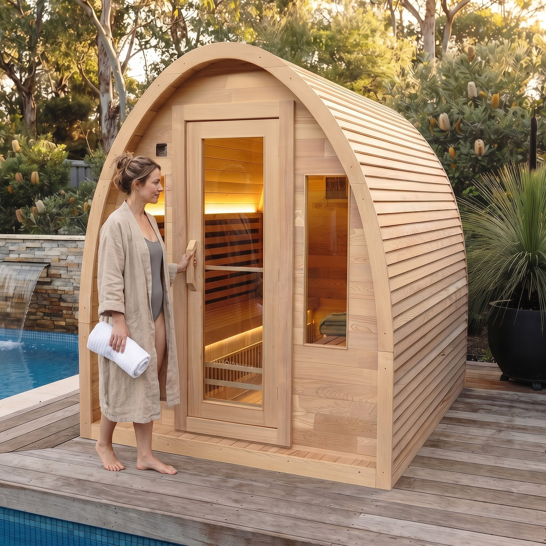 Wooden outdoor sauna with arched roof, glass door and window, positioned on poolside deck with stone water feature and native