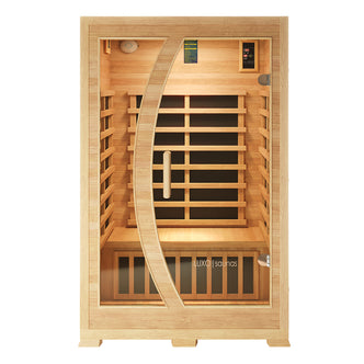 Valo 2-Person Canadian Hemlock Carbon Fibre Home Sauna Cabin with glass doors and a curved design, showcasing durable Canadian Hemlock wood for a luxurious and portable home sauna experience.