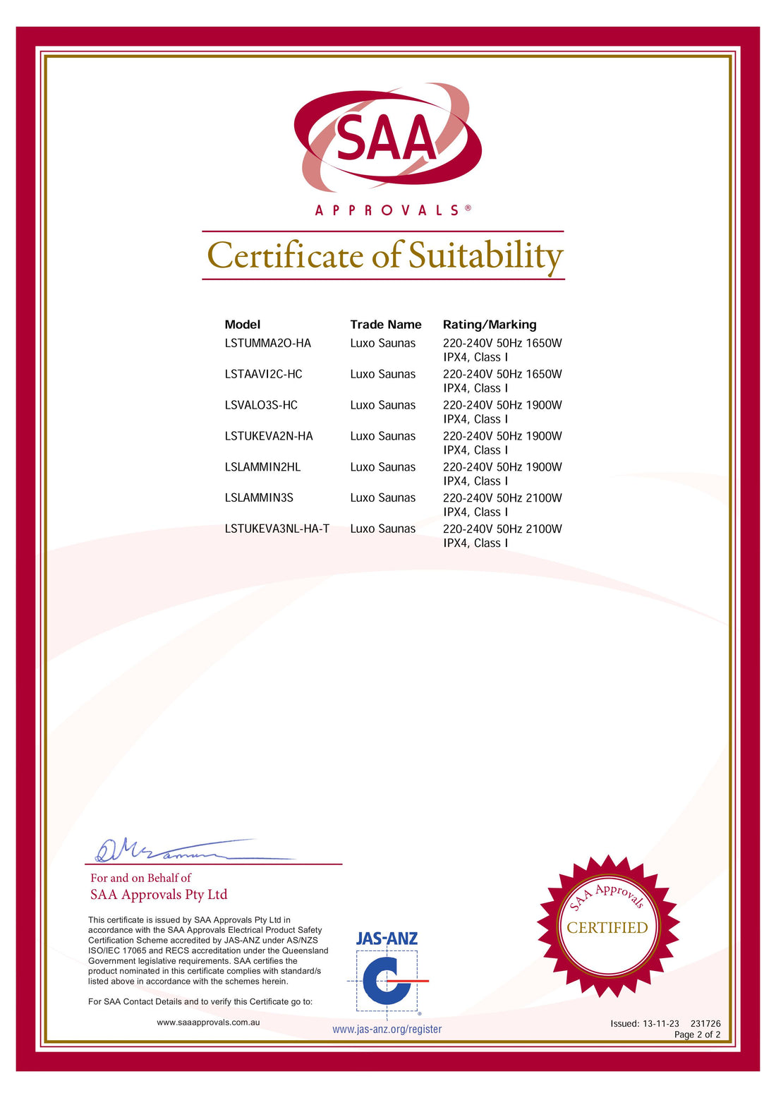 Valo 3 Person Carbon Fibre Infrared Indoor Sauna certification page, showing SAA Approvals, model numbers, electrical details, and a certified seal, confirming compliance with Australian safety standards.