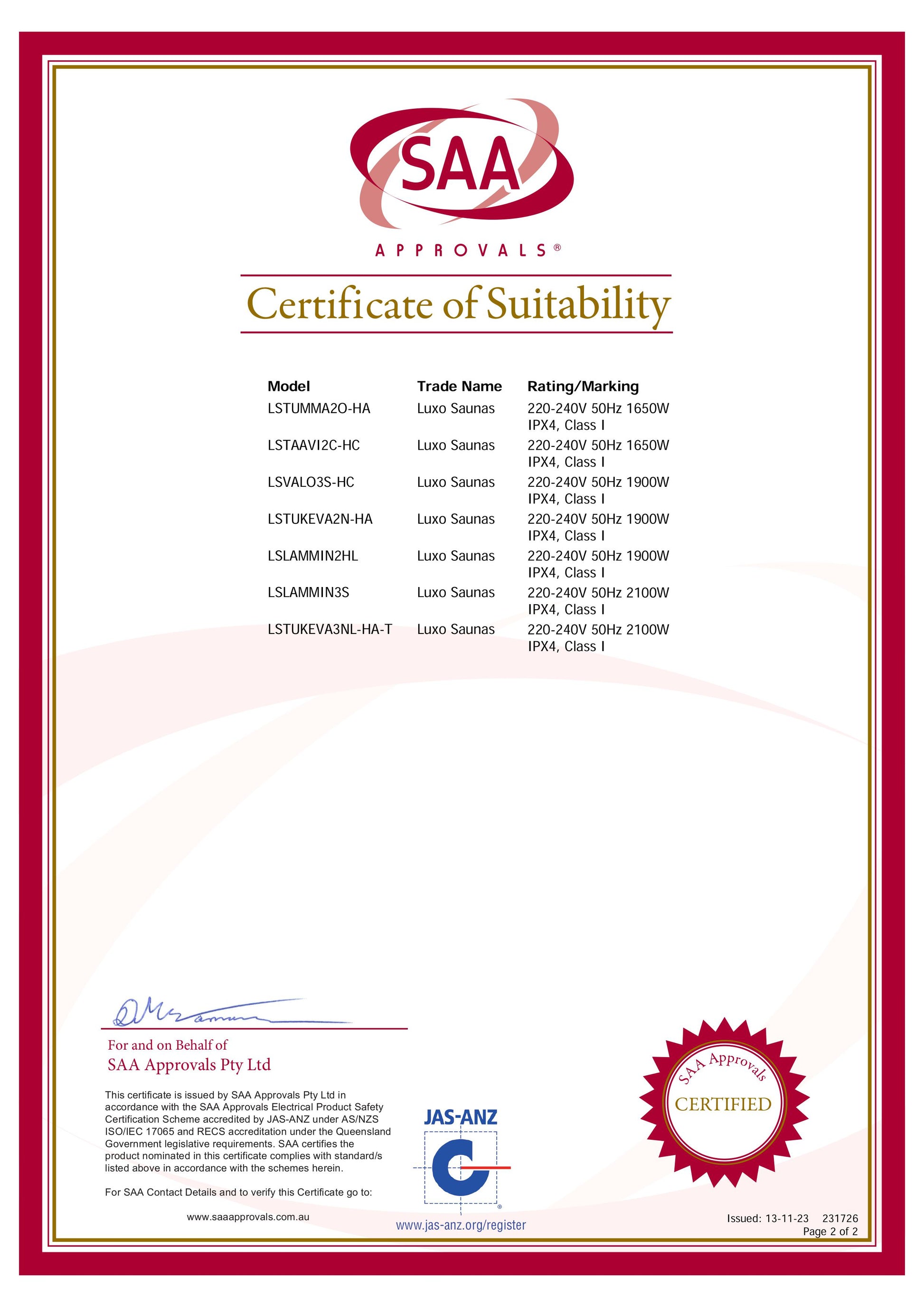 Valo 3 Person Carbon Fibre Infrared Indoor Sauna certification page, showing SAA Approvals, model numbers, electrical details, and a certified seal, confirming compliance with Australian safety standards.
