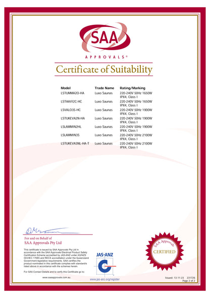 Valo 3 Person Carbon Fibre Infrared Indoor Sauna certification page, showing SAA Approvals, model numbers, electrical details, and a certified seal, confirming compliance with Australian safety standards.