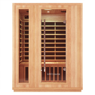 Valo 3 Person Carbon Fibre Infrared Indoor Sauna with light-toned wood, glass door, and control panel. Features wooden benches, infrared heaters, metal handle, and LUXO saunas branding on the front.