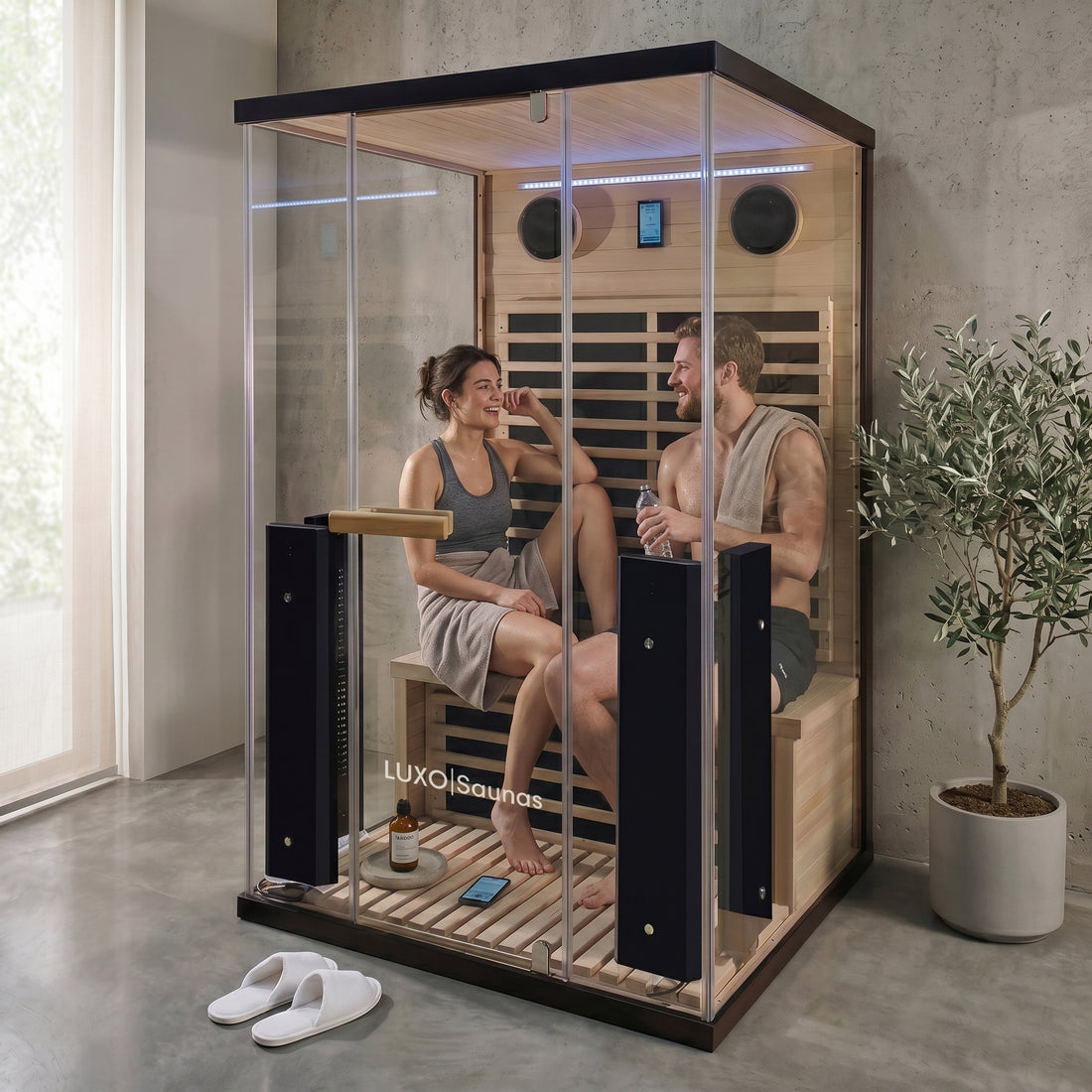 Two-person infrared sauna with glass doors, wooden interior, LED lighting, and digital control panel in a modern room