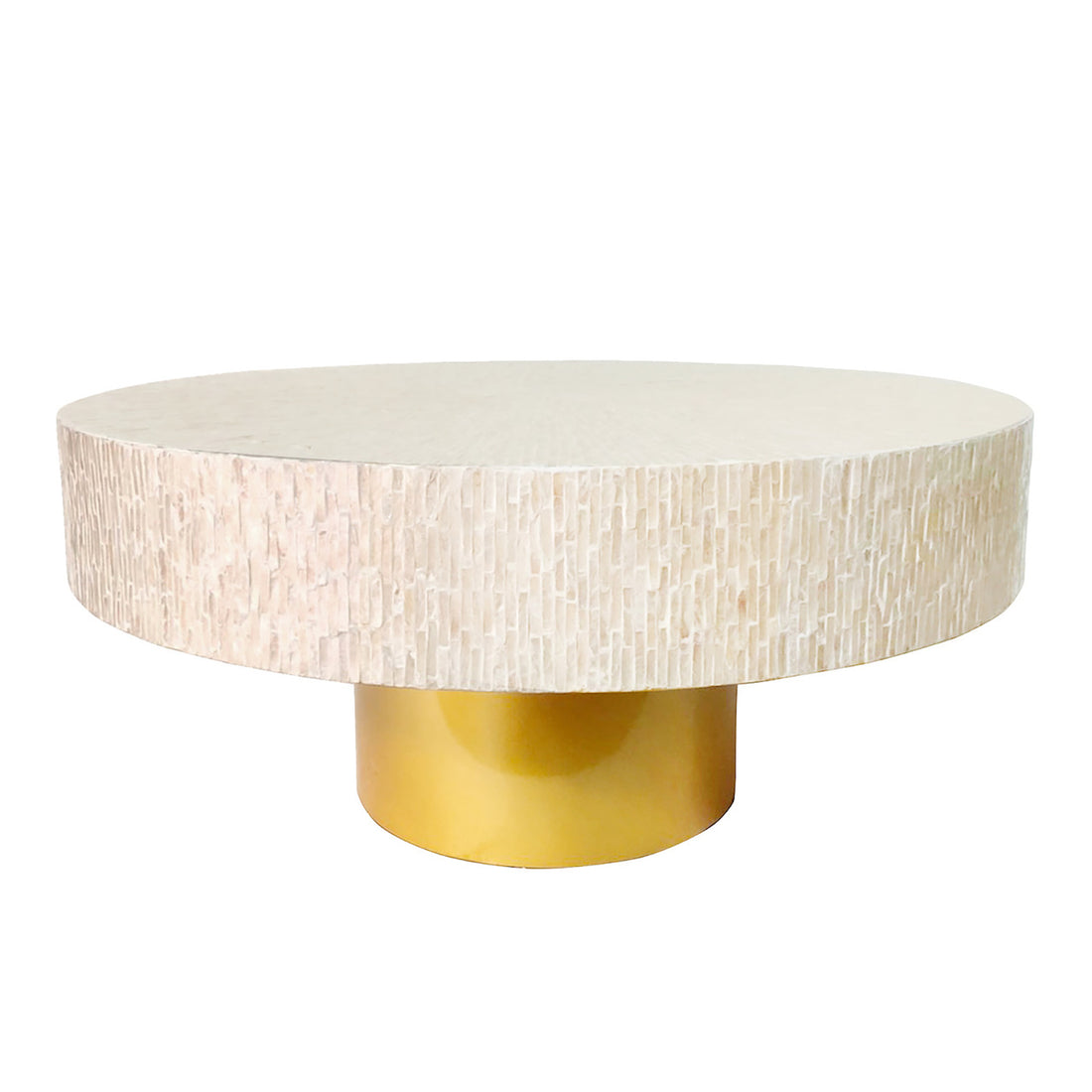 Abelene 91cm Mother of Pearl Inlay Coffee Table with a hand-crafted mosaic top, pearlescent finish, and gold cylindrical base, showcasing luxurious art deco-inspired design.