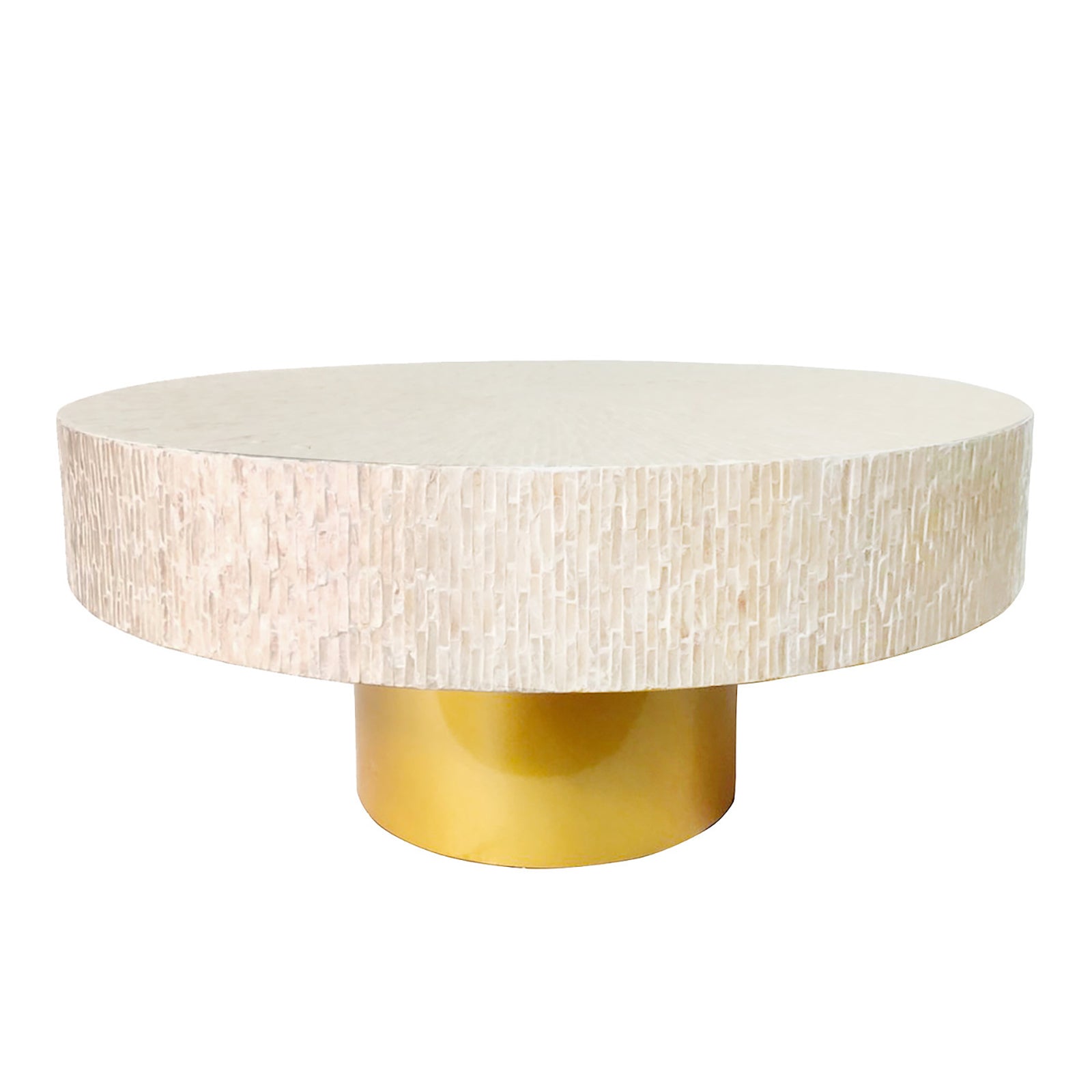 Abelene 91cm Mother of Pearl Inlay Coffee Table with a hand-crafted mosaic top, pearlescent finish, and gold cylindrical base, showcasing luxurious art deco-inspired design.