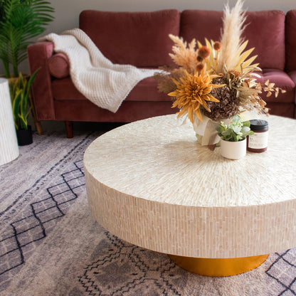 Abelene 91cm Pearl Inlay Coffee Table - Cream, showcasing intricate mother of pearl mosaic on top and sides, cylindrical gold pedestal base, and a luxurious art deco-inspired design.