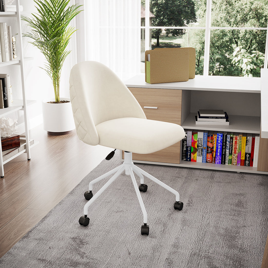 Abia Adjustable Velvet Swivel Office Chair in Beige – Luxo Living
