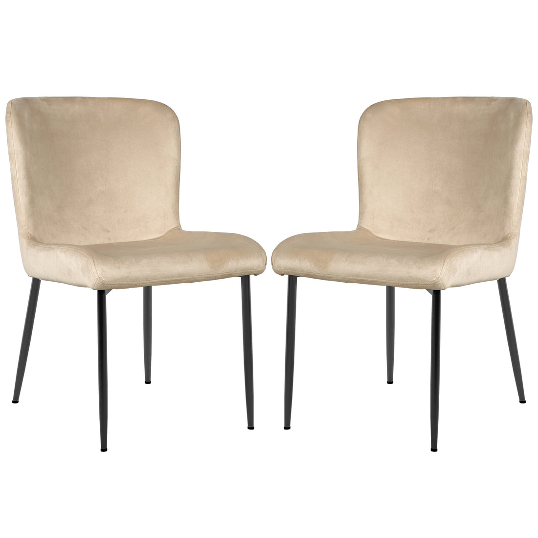 Adela Velvet Fabric Dining Chair Set of 2 in Oatmeal, featuring low-backed, light beige velvet upholstery with slim, tapered black metal legs, offering a modern and elegant addition to dining spaces.