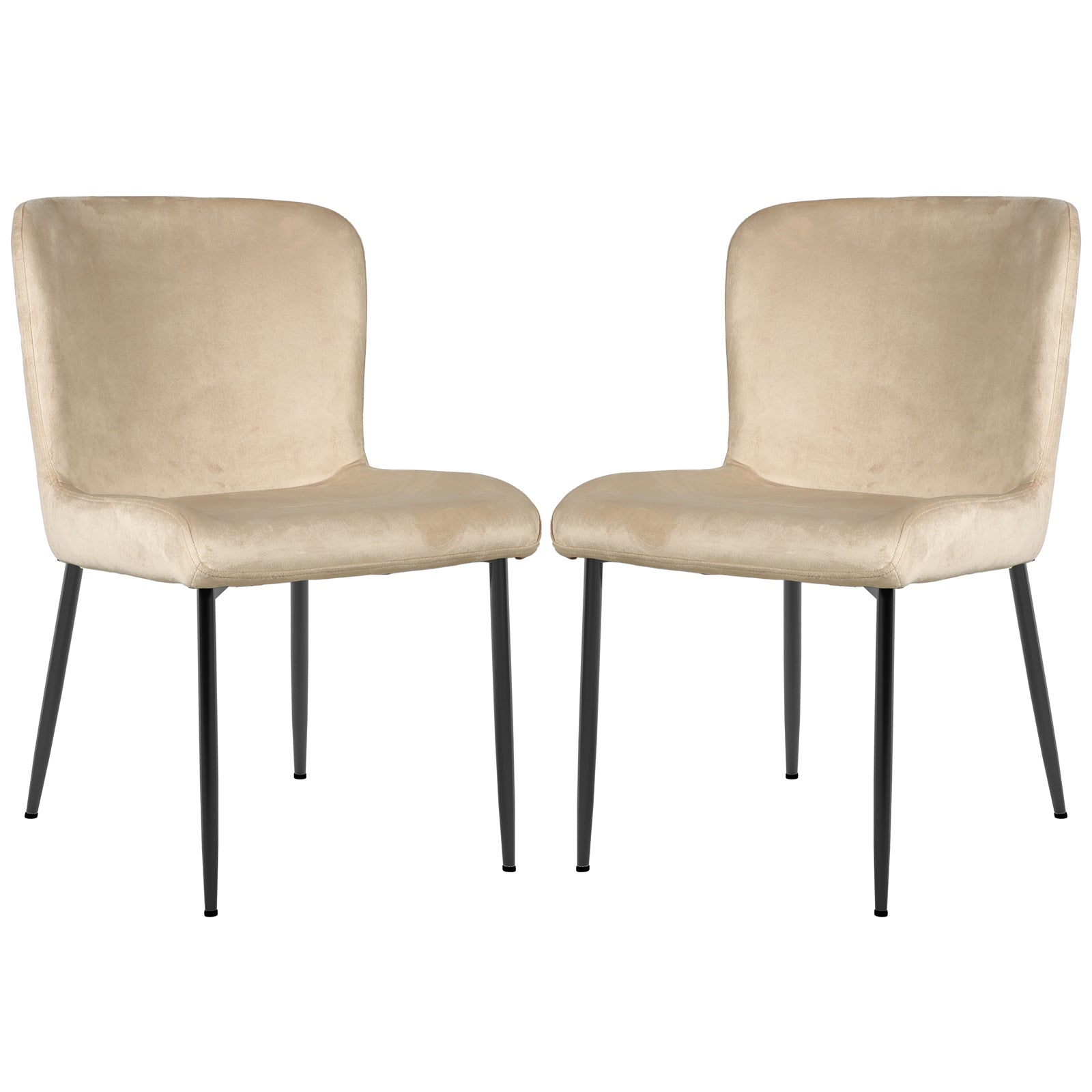 Adela Velvet Fabric Dining Chair Set of 2 in Oatmeal, featuring low-backed, light beige velvet upholstery with slim, tapered black metal legs, offering a modern and elegant addition to dining spaces.