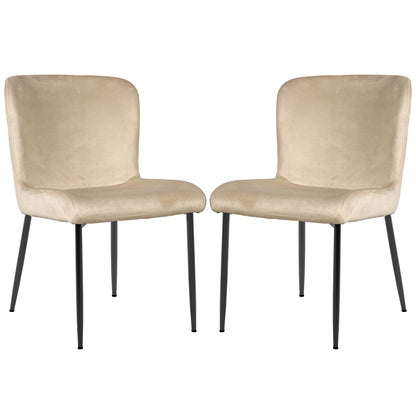 Adela Velvet Fabric Dining Chair Set of 2 in Oatmeal, featuring low-backed, light beige velvet upholstery with slim, tapered black metal legs, offering a modern and elegant addition to dining spaces.