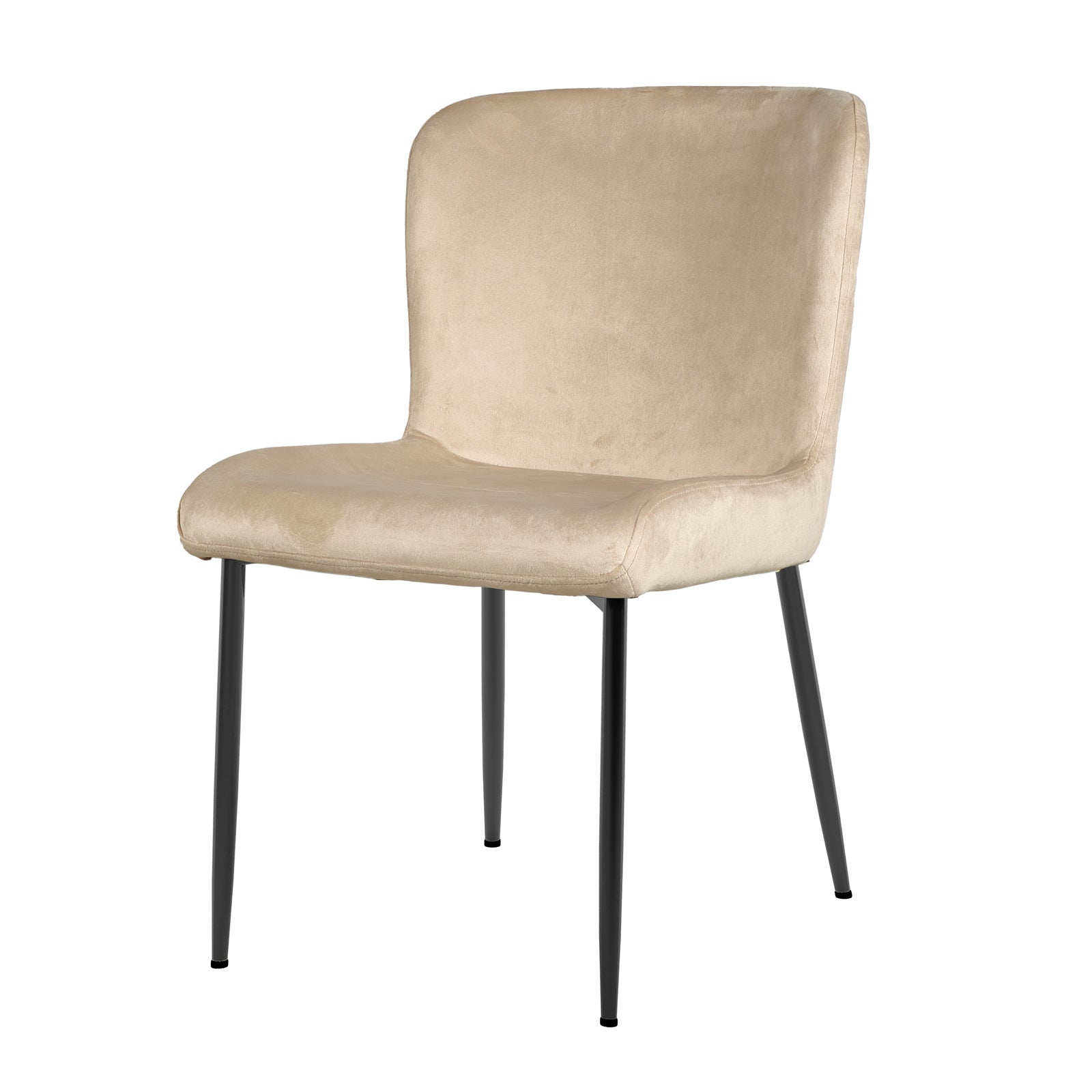 Adela Velvet Fabric Dining Chair Set of 2 in Oatmeal features a minimalist design with a curved padded seat and back in light beige velvet, supported by slender black metal legs.