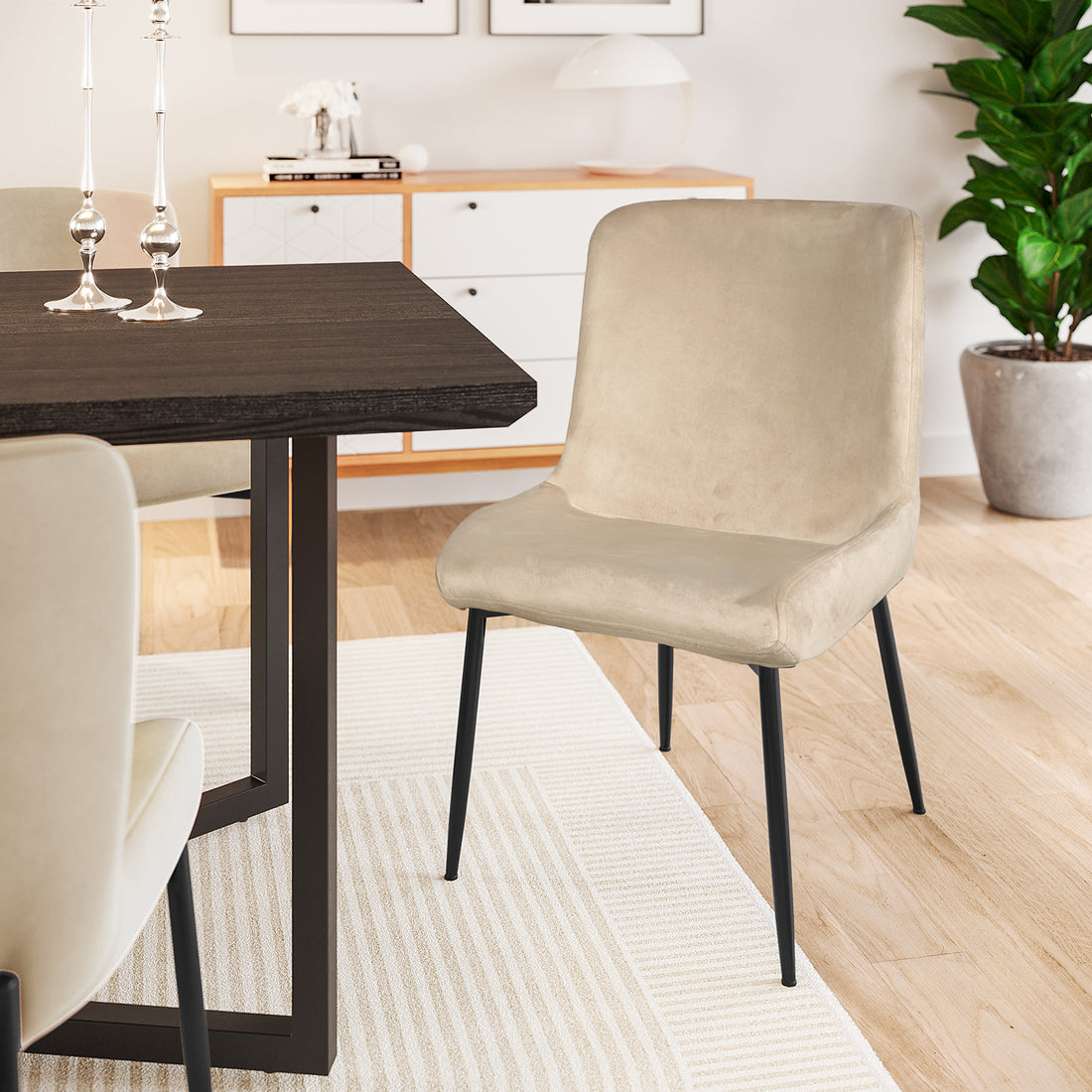 Adela Velvet Dining Chair Set of 2 in Oatmeal, featuring soft, light-beige upholstery on slender matte-black legs, complements the modern dining nook with a sleek, elegant design.