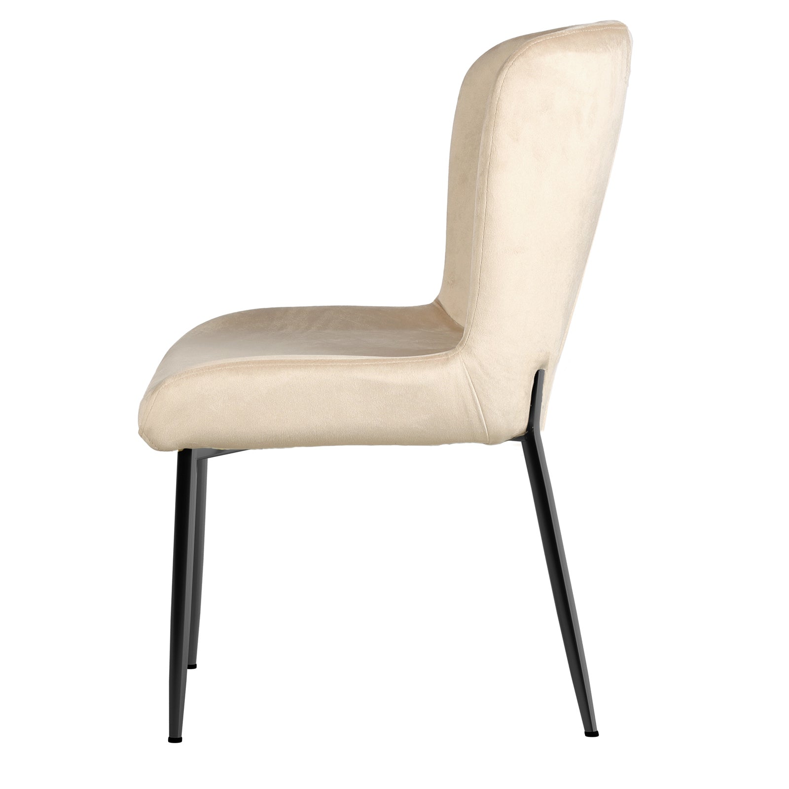 Adela Velvet Fabric Dining Chair Set of 2 in Oatmeal features a modern design with gently curved, padded seats and backs upholstered in light beige fabric, supported by slender matte-black metal legs.