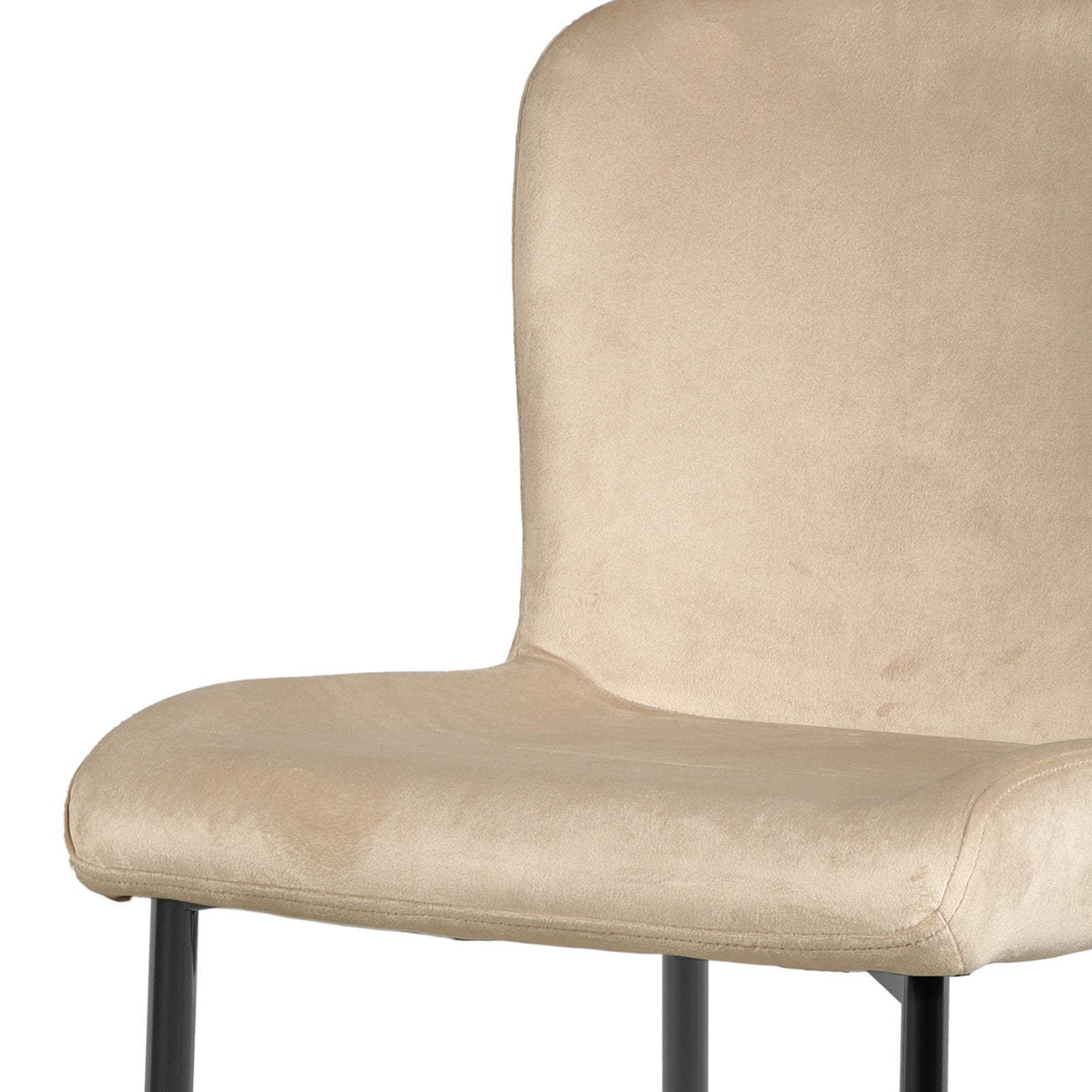Adela Velvet Fabric Dining Chair Set of 2 in Oatmeal, featuring a light beige upholstered seat and backrest with slender black metal legs, showcasing a modern, minimalist design ideal for dining spaces.