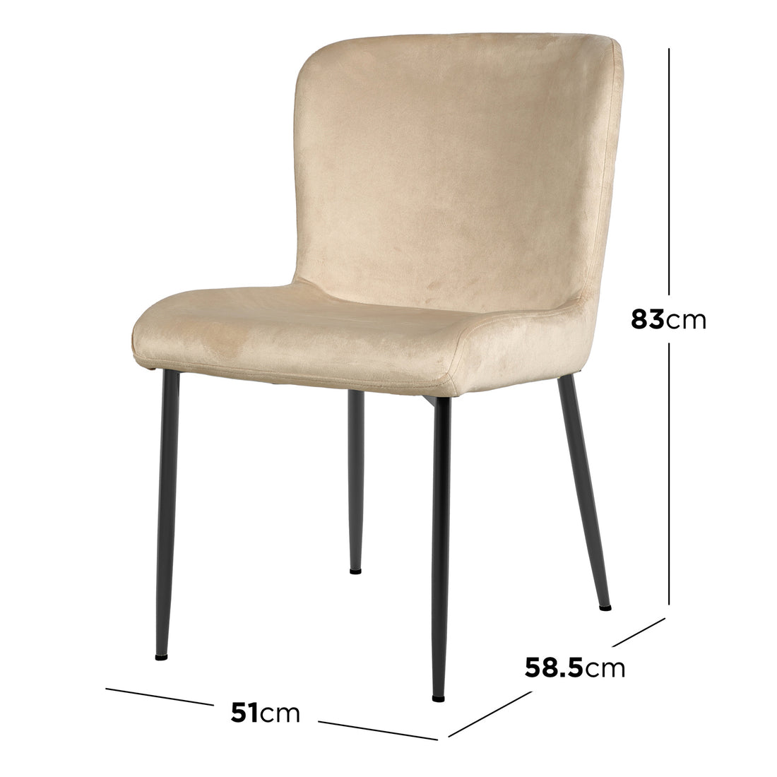 Adela Velvet Dining Chair Set of 2 - Oatmeal: Beige velvet chairs with sleek black legs, soft foam padding, and modern design. Ideal for enhancing dining spaces with comfort and elegance.