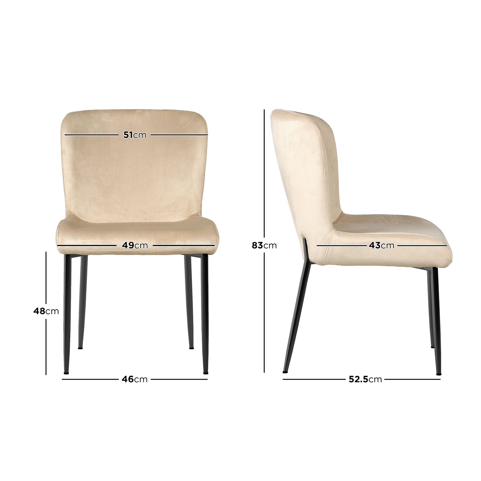 Adela Velvet Fabric Dining Chair Set of 2 in Oatmeal features modern black metal legs, light beige upholstery, and dimensions for comfort: 83 cm height, 48 cm seat height, 51 cm backrest width.