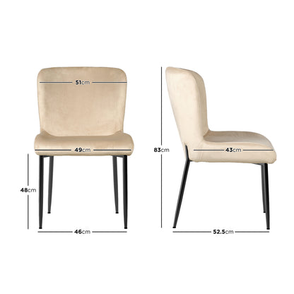 Adela Velvet Fabric Dining Chair Set of 2 in Oatmeal features modern black metal legs, light beige upholstery, and dimensions for comfort: 83 cm height, 48 cm seat height, 51 cm backrest width.