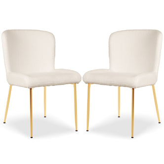 Adela Boucle Dining Chair Set of 2 in White features curved, armless backrests and rounded seats in off-white bouclé fabric, supported by slender, tapered gold metal legs, embodying modern, minimalist elegance.