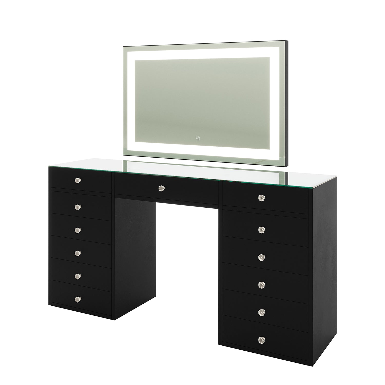 Adeline LED Mirror Storage Dressing Table in Black features a matte finish, glass tabletop, crystal-style knobs, 13 drawers, and a large LED-lit mirror with touch-sensitive controls for adjustable lighting.