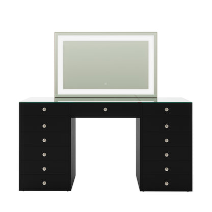Adeline Makeup Vanity Table with LED Mirror in Black: Black unit features 12 drawers with crystal knobs, a glass top, and a large LED-lit mirror with touch-sensitive controls for adjustable lighting.