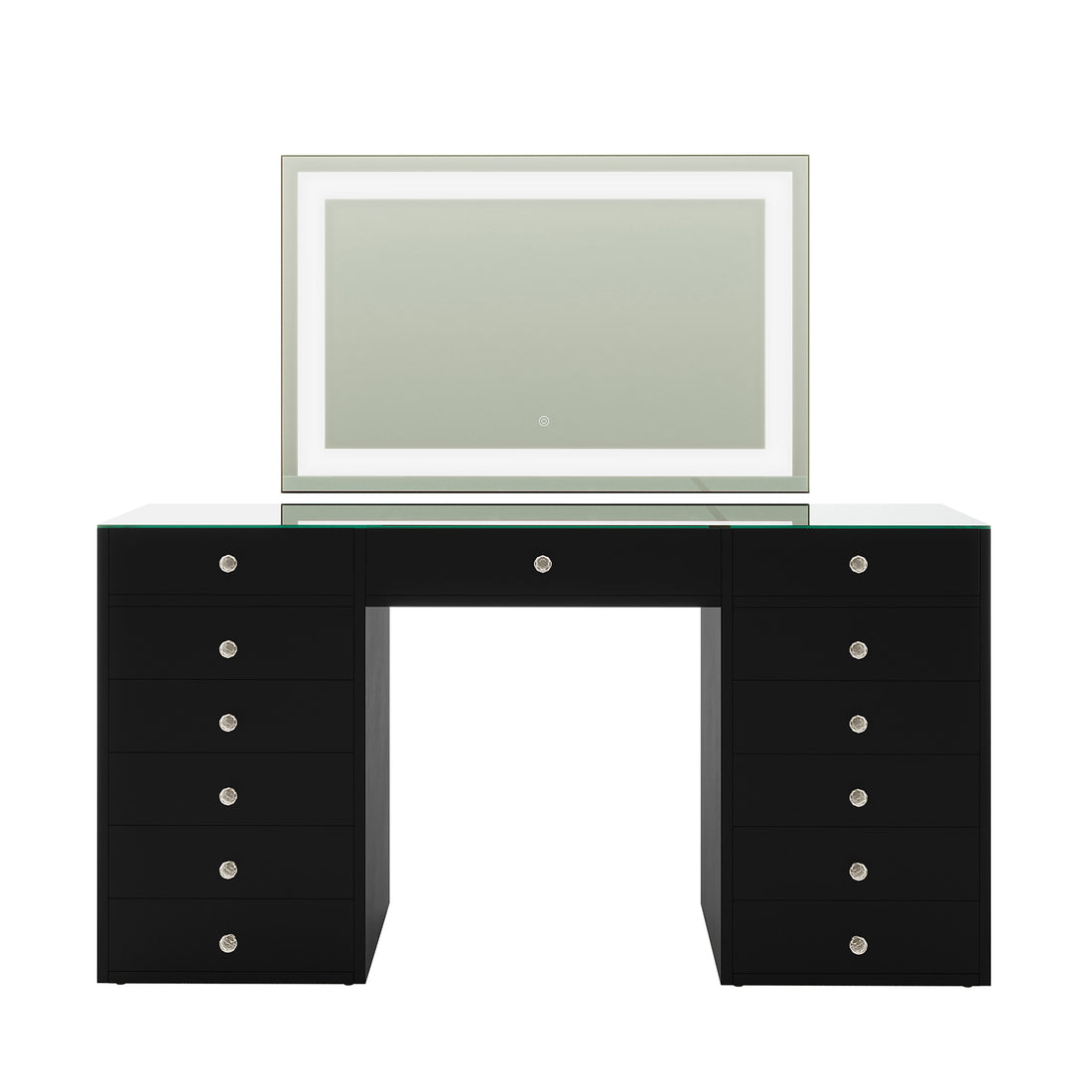 Adeline LED Mirror Storage Dressing Table in Black, featuring a clear glass top, two pedestal bases with drawers, a central pull-out drawer, and a large LED-lit mirror with touch-control.