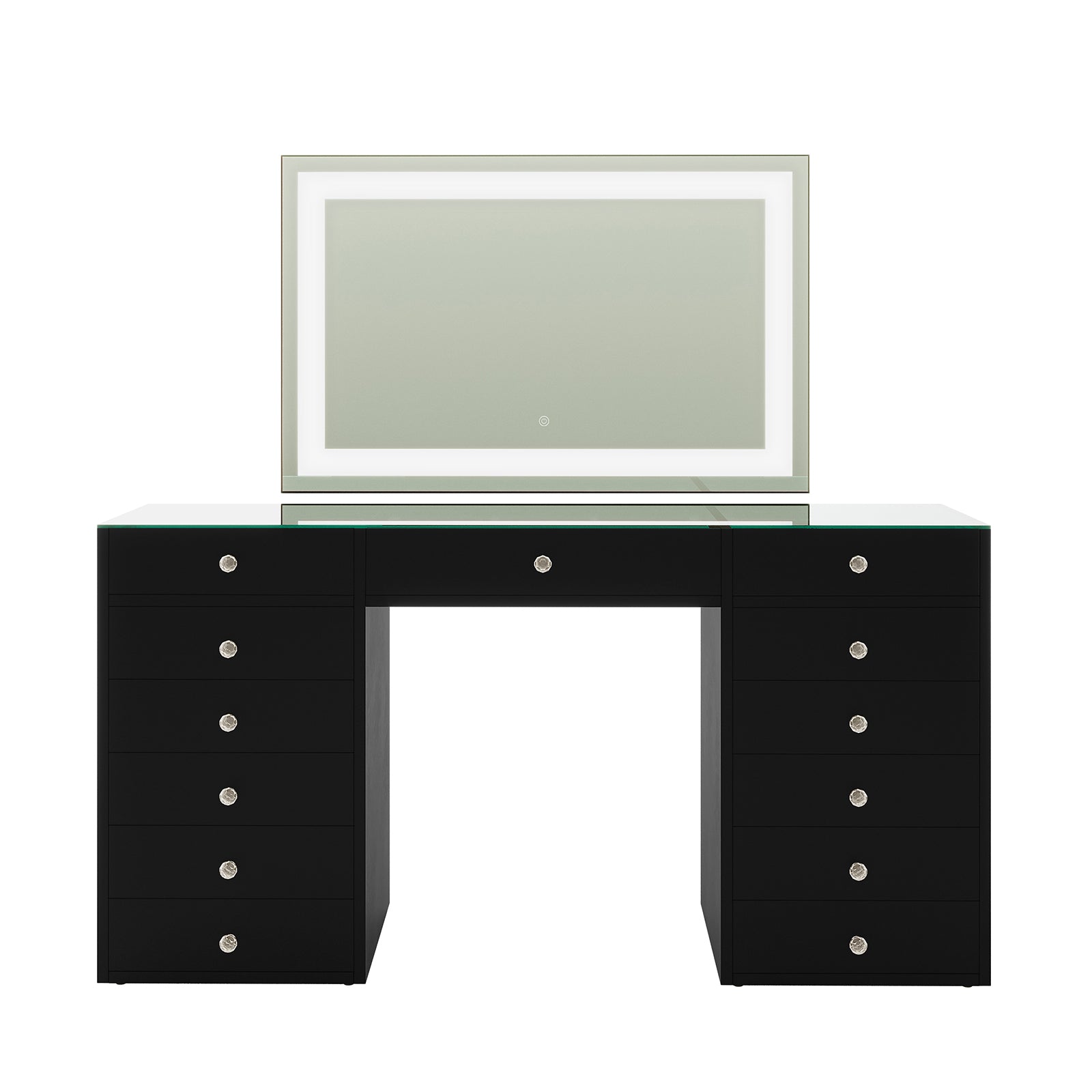Adeline LED Mirror Storage Dressing Table in Black, featuring a clear glass top, two pedestal bases with drawers, a central pull-out drawer, and a large LED-lit mirror with touch-control.