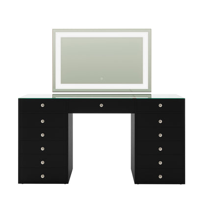 Adeline LED Mirror Storage Dressing Table in Black, featuring a clear glass top, two pedestal bases with drawers, a central pull-out drawer, and a large LED-lit mirror with touch-control.