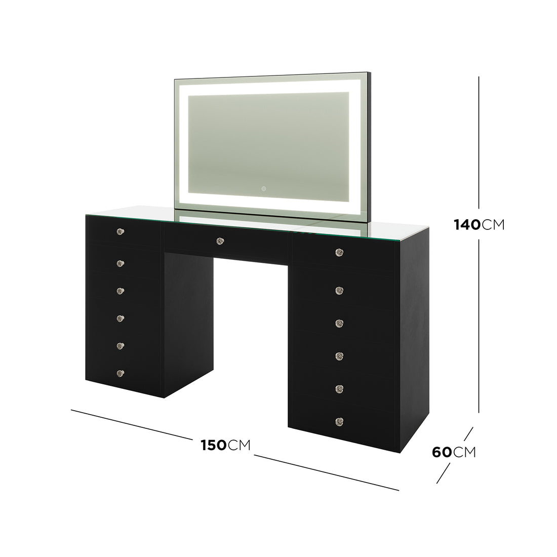 Adeline Makeup Vanity Table with LED Mirror in Black features a sleek glass surface, 12 drawers with crystal-style knobs, and an LED-framed mirror, offering ample storage and adjustable lighting for beauty routines.