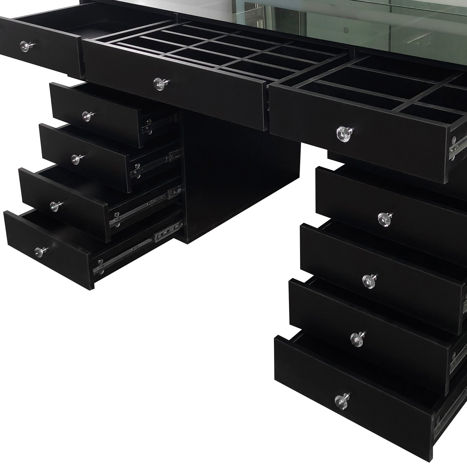 Adeline Makeup Vanity Table with LED Mirror in Black features a glass top, two columns of stacked drawers, and compartmentalized drawers, all open with clear knobs, showcasing its elegant design.