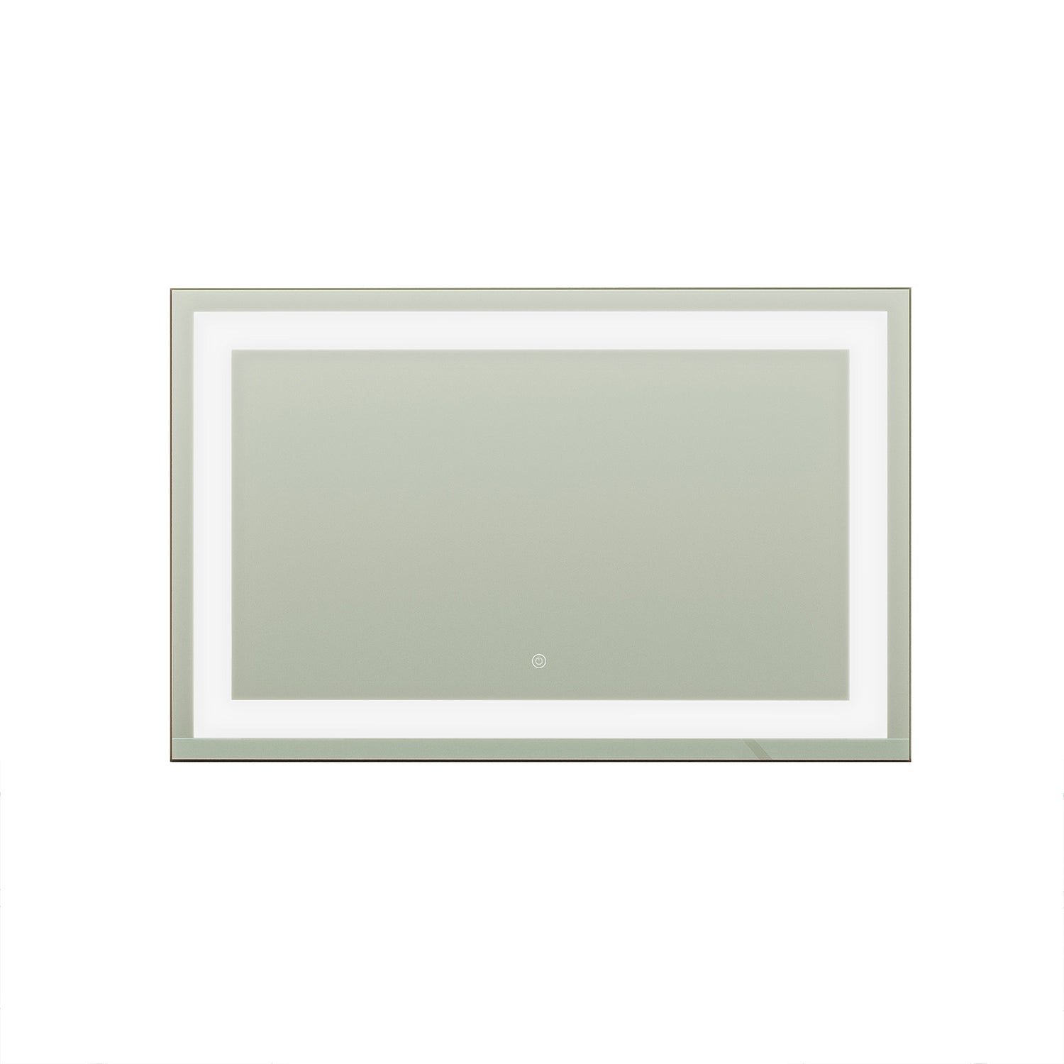 Adeline Wall Mount Touch Screen Mirror with LED Light in Black, featuring a rectangular design with integrated LED lighting and a central touch-button for easy control, set against a plain background.