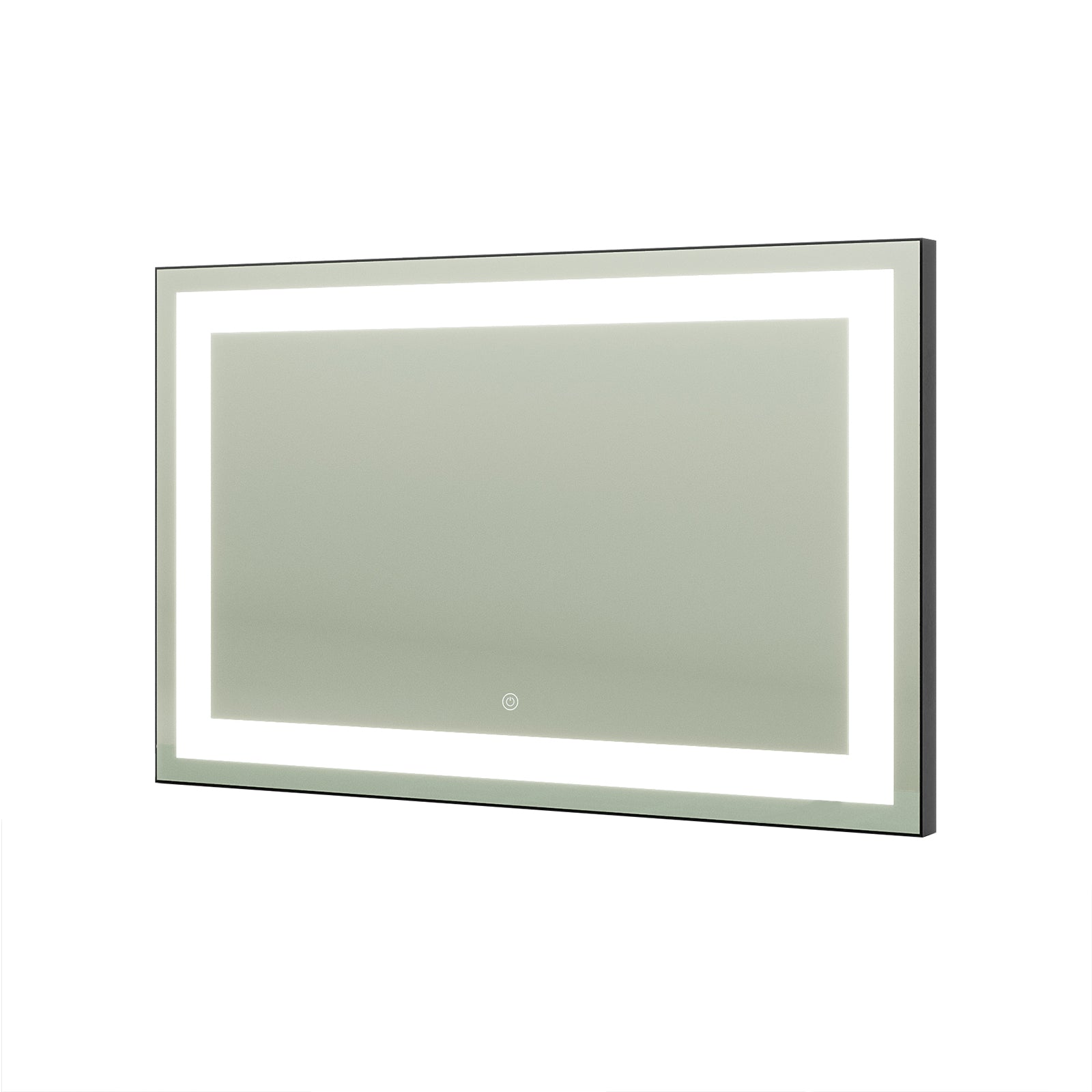 Adeline Wall Mount Touch Screen Mirror with LED Light in Black, featuring a sleek rectangular design with a surrounding LED light strip and a central touch-style power button at the bottom edge.