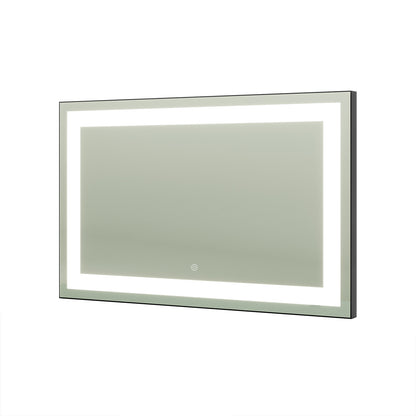 Adeline Wall Mount Touch Screen Mirror with LED Light in Black, featuring a sleek rectangular design with a surrounding LED light strip and a central touch-style power button at the bottom edge.
