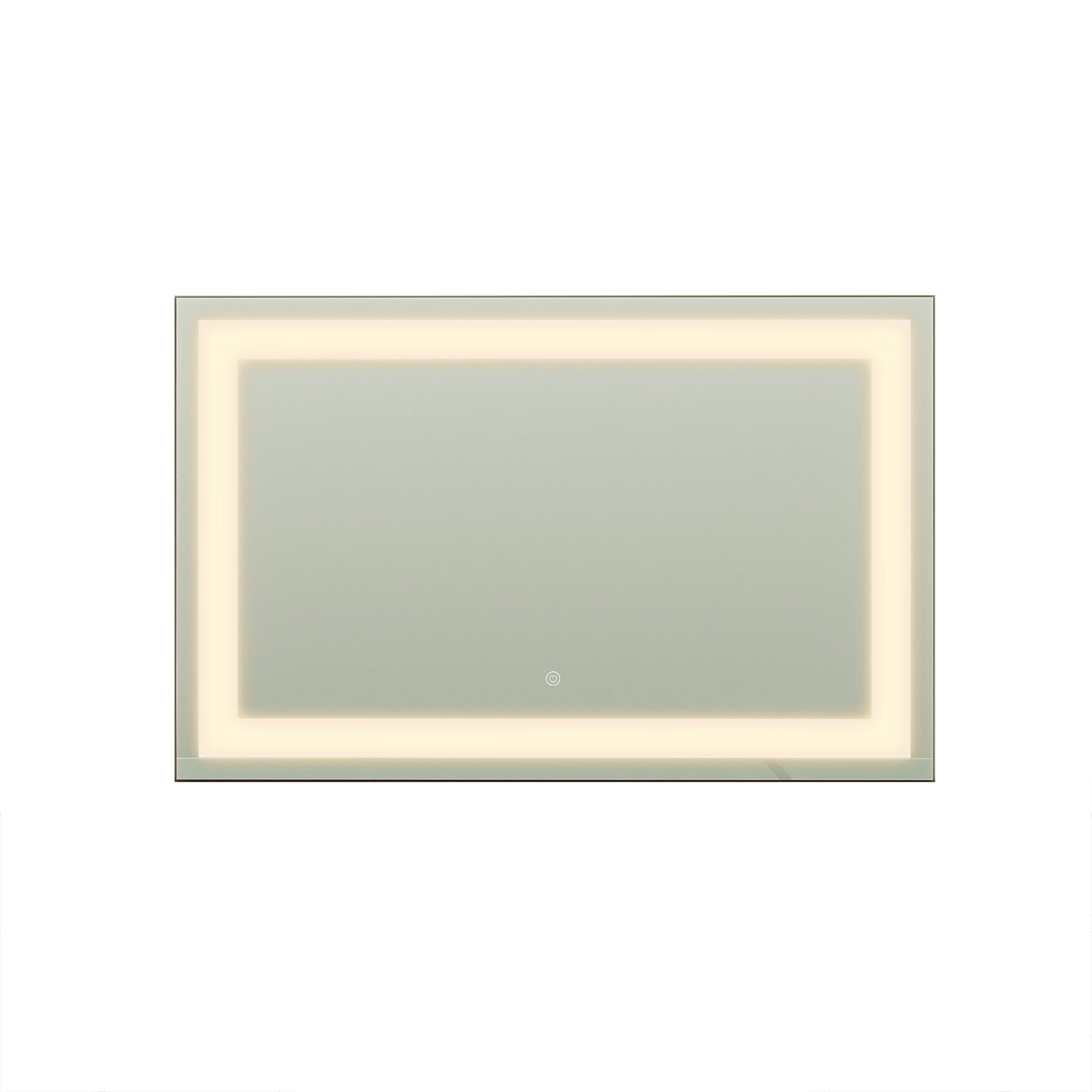 Adeline Wall Mount Touch Screen Mirror with LED Light in Black features a modern rectangular design, LED backlighting along the edges, and a touch-sensor power icon on the bottom center.