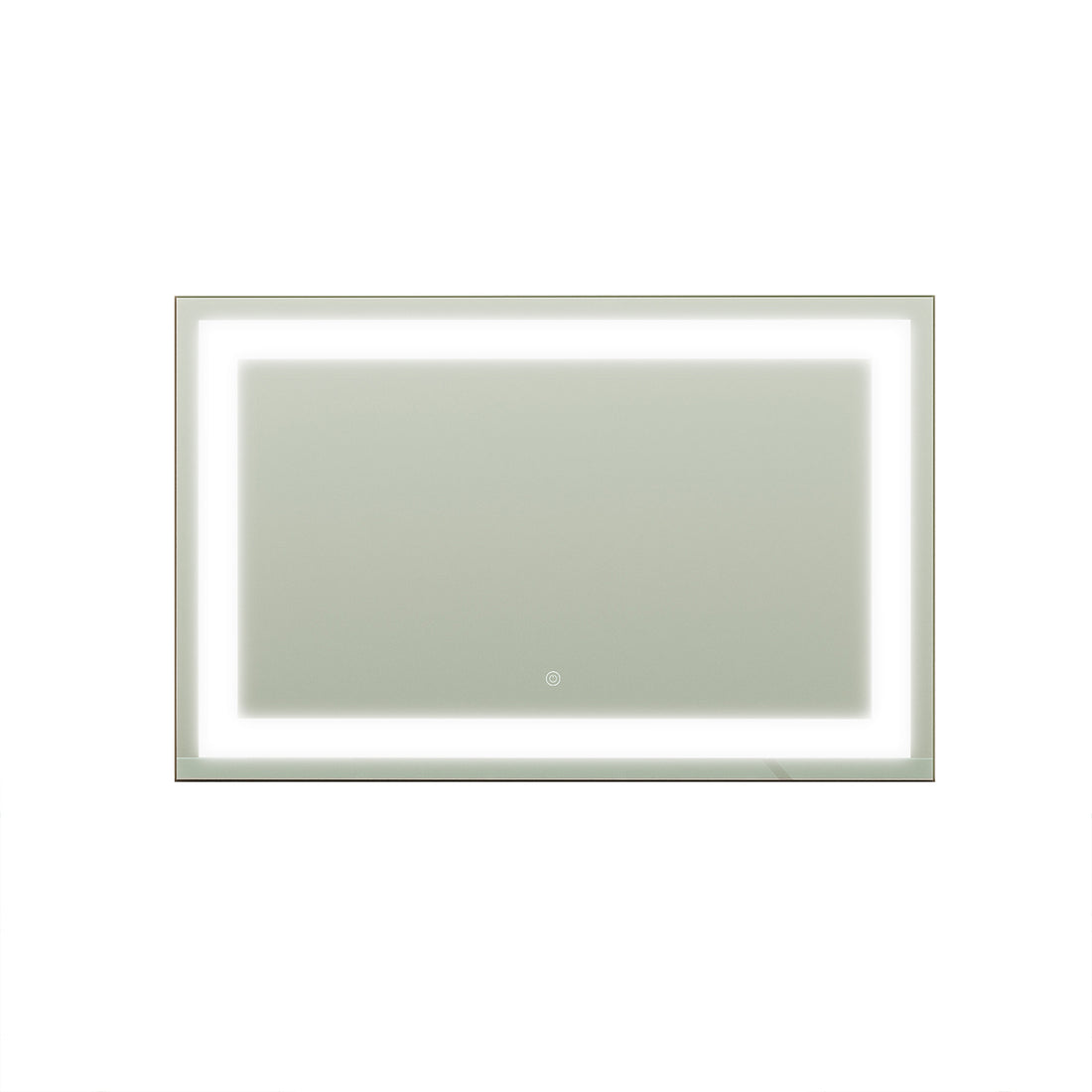 Adeline Wall Mount Touch Screen Mirror with LED Light in Black features a sleek, rectangular design with an integrated LED backlit border and a circular touch-on button, ideal for modern spaces.