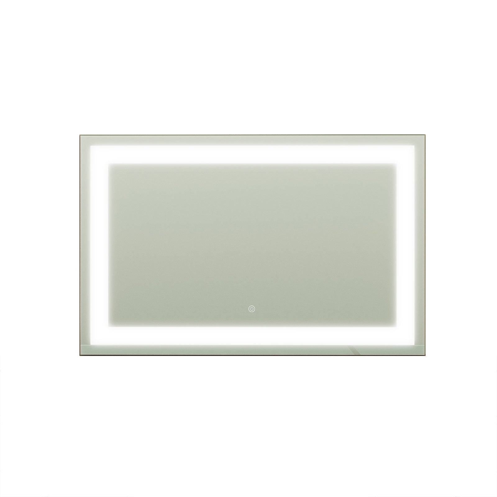 Adeline Wall Mount Touch Screen Mirror with LED Light in Black features a sleek, rectangular design with an integrated LED backlit border and a circular touch-on button, ideal for modern spaces.